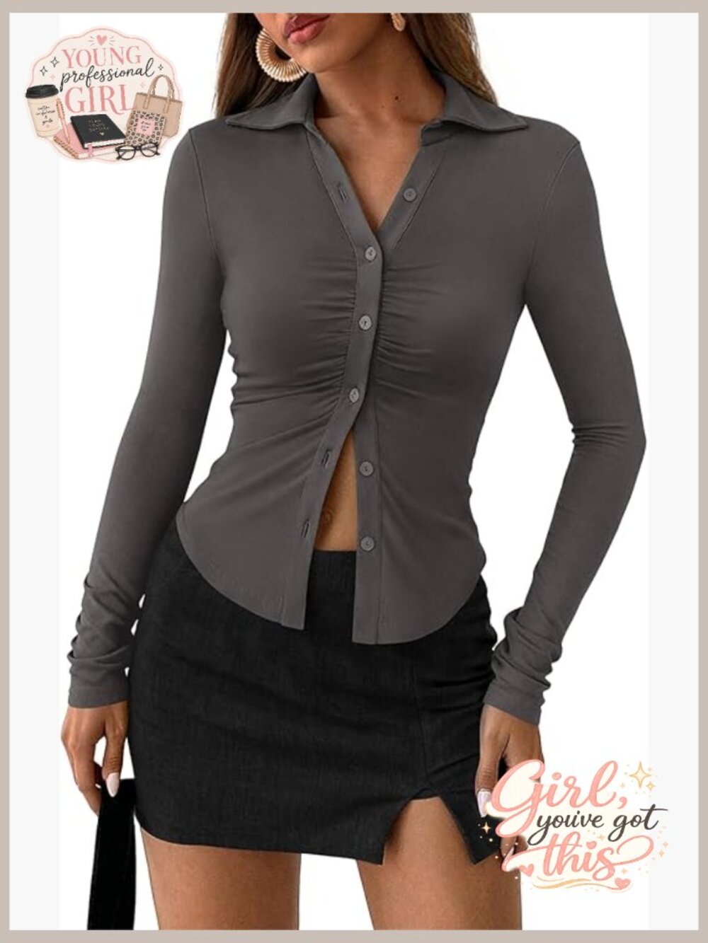 V Neck Button Down Slim Fit Long Sleeve Shirt Ruched Casual Top